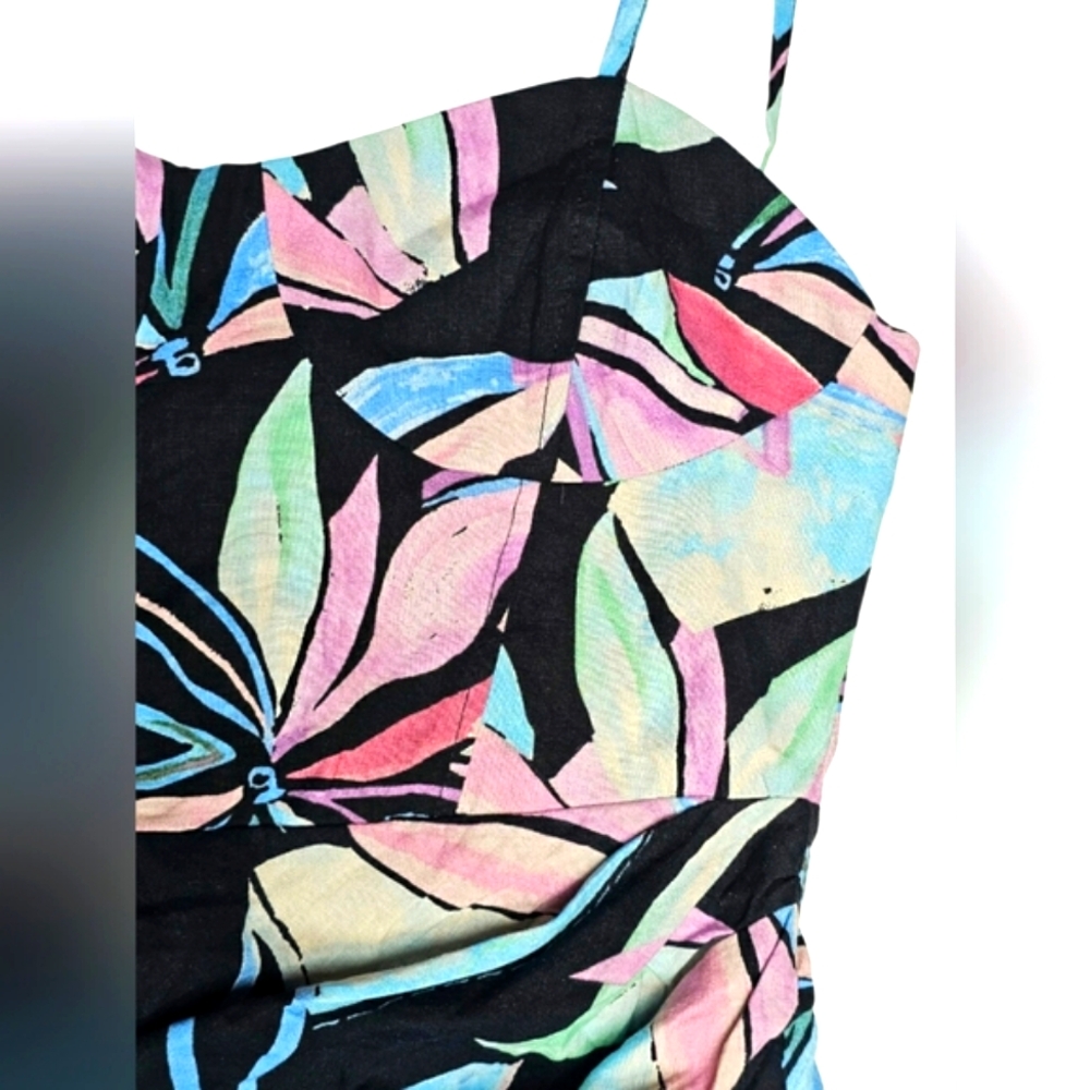 🆕️Zara Linen Floral Tropical Black & Pink Corset Faux Wrap Summer Dress - Picture 3 of 14